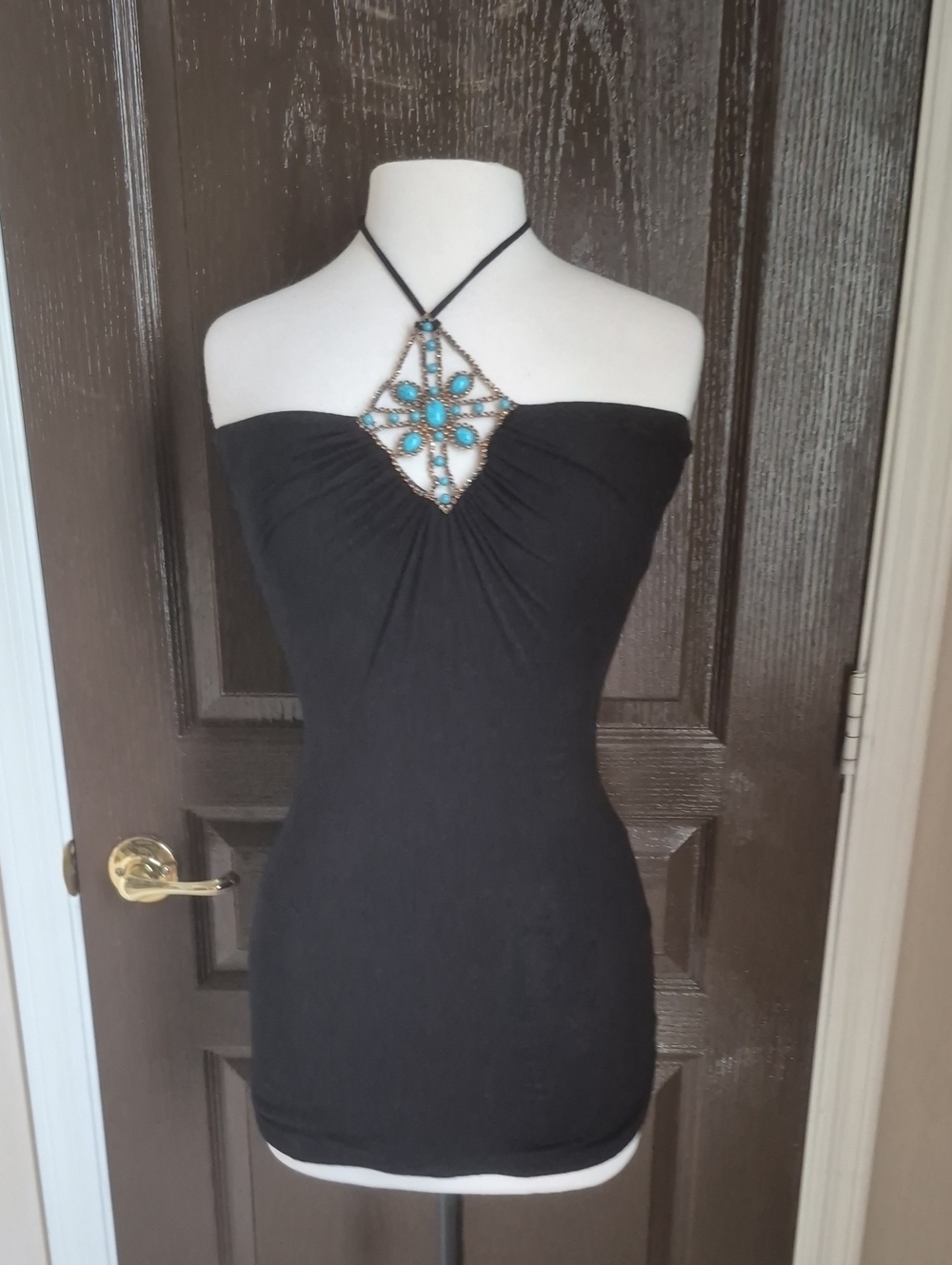 Sky Black Halter Top with Turquoise Accent